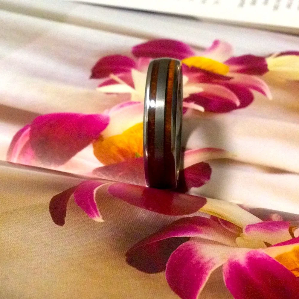 Big Sale,Koa Wood and Abolani inlaid with Tungsten’s ring.8MM Size 12”